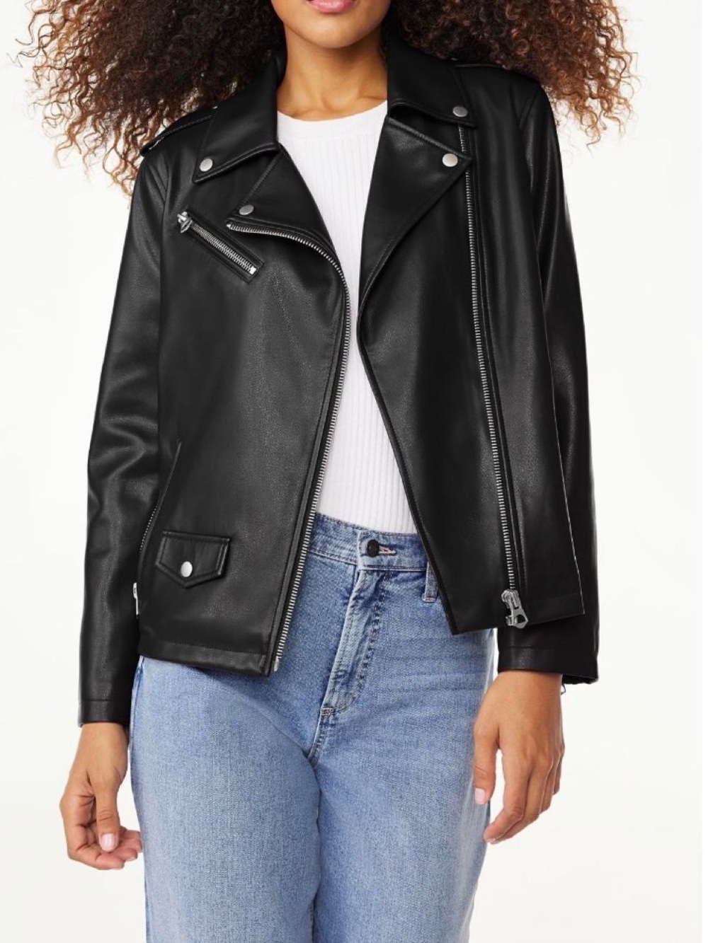 Women's Black Faux Leather Moto Jacket - Sleek Zip Front